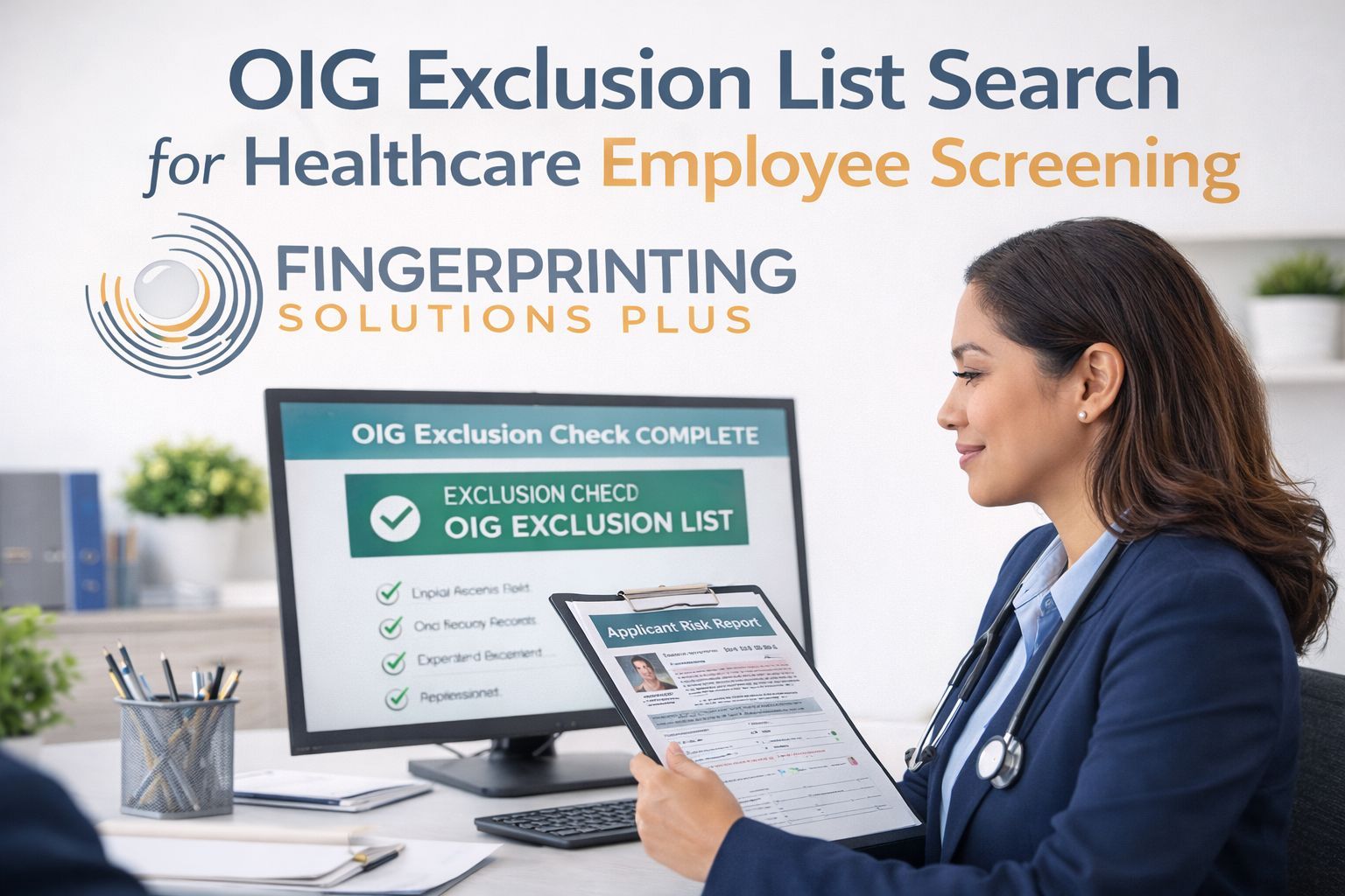 Healthcare compliance officer reviewing OIG exclusion list screening results