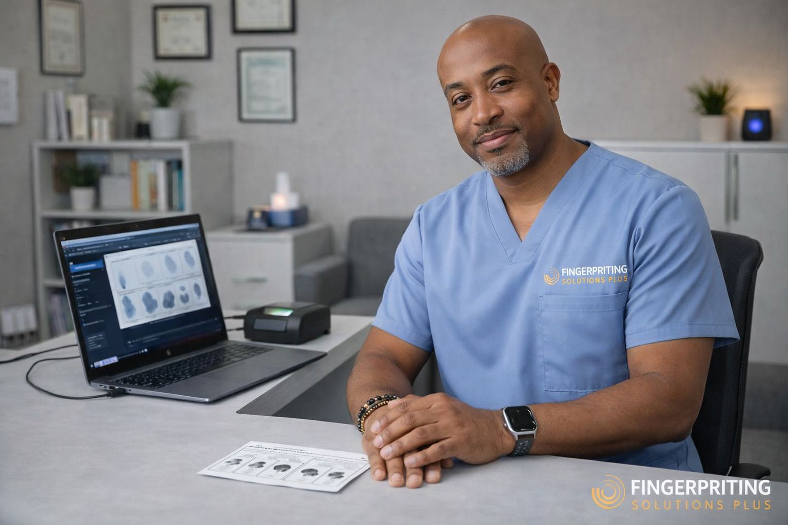 Fingerprinting Solutions Plus technician assisting a client during a fingerprint appointment