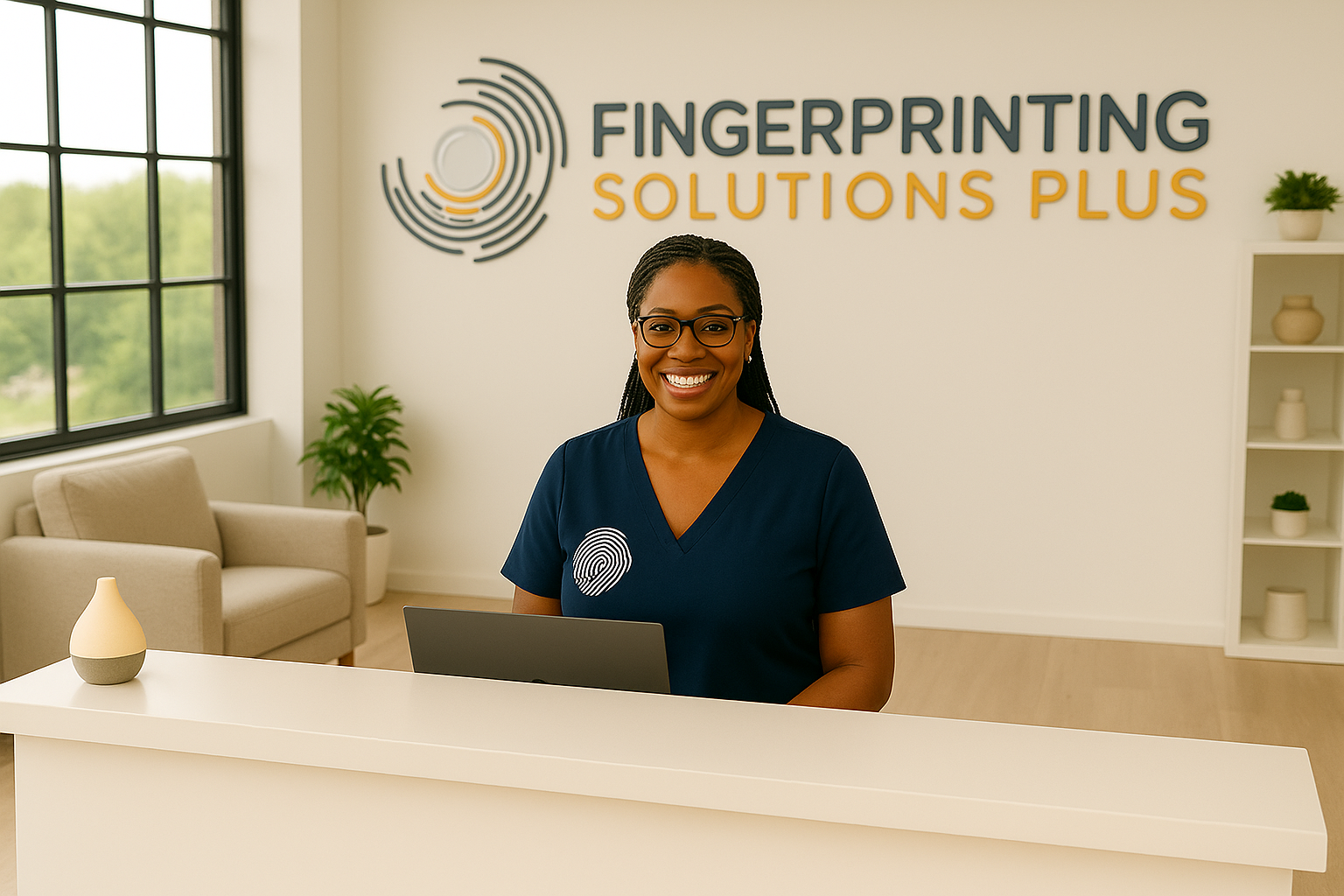 The reception area of Fingerprinting Solutions Plus has branded signage, comfortable seating, and a visible fingerprinting kiosk.