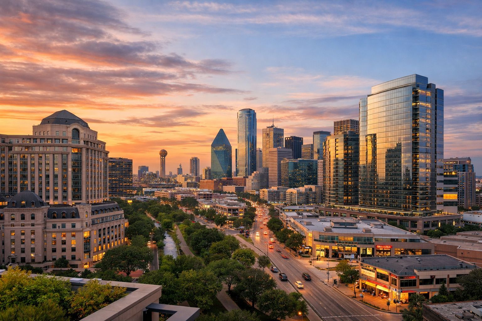 Uptown Dallas skyline with high-rise buildings representing the local fingerprinting service area
