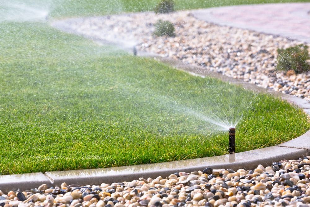 A Lawn Sprinkler Is Spraying Water On A Lush Green Lawn — Baker & Co. Landscape Construction In Gulliver, QLD