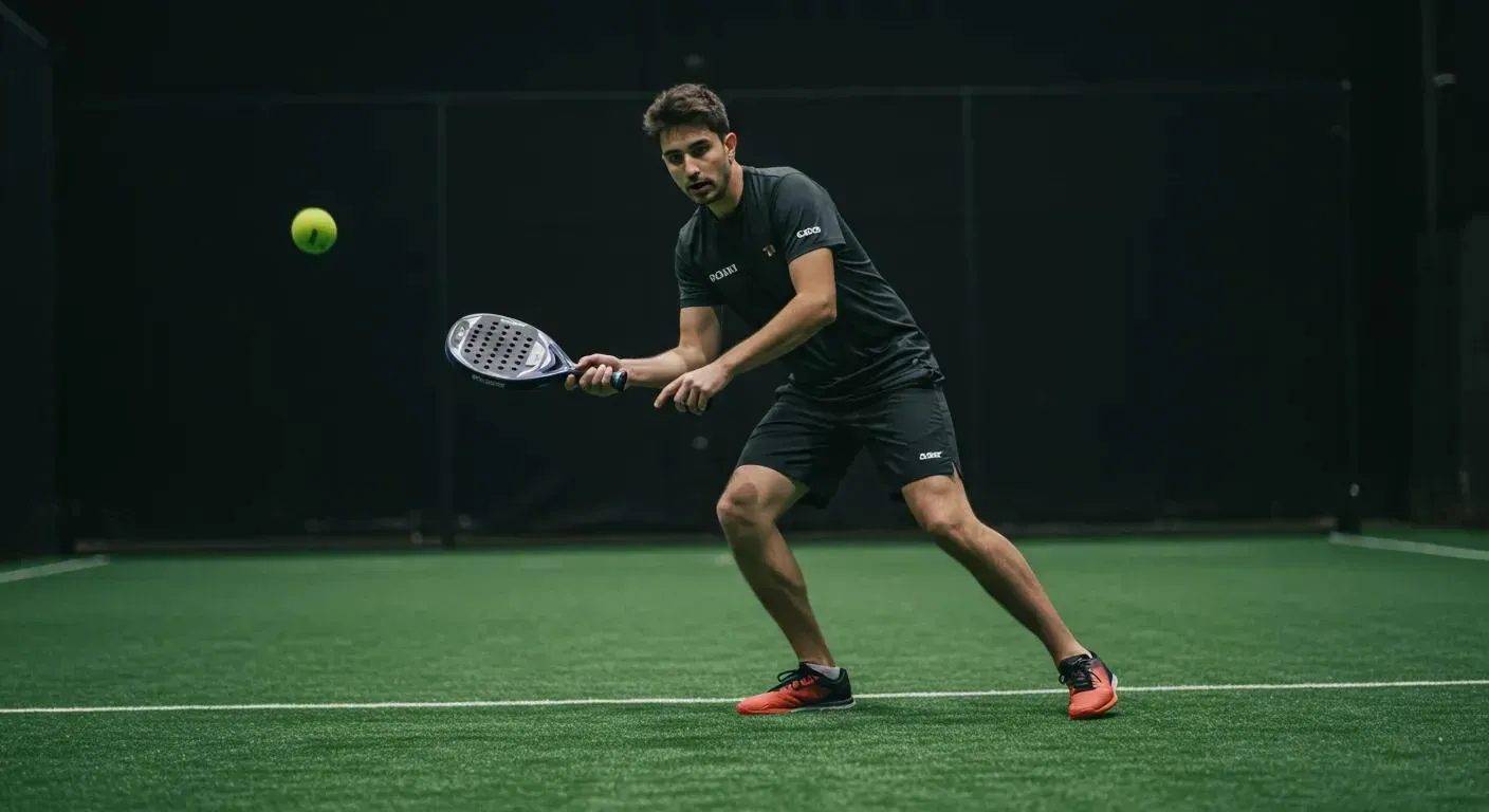 Een man is padel aan het spelen op een padelbaan