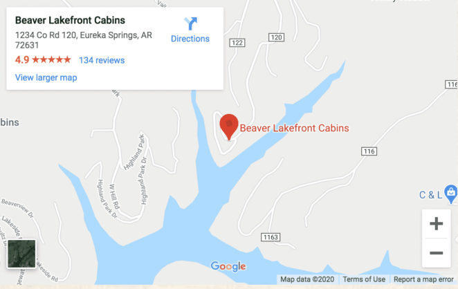 A google map shows the location of beaver lakefront cabins