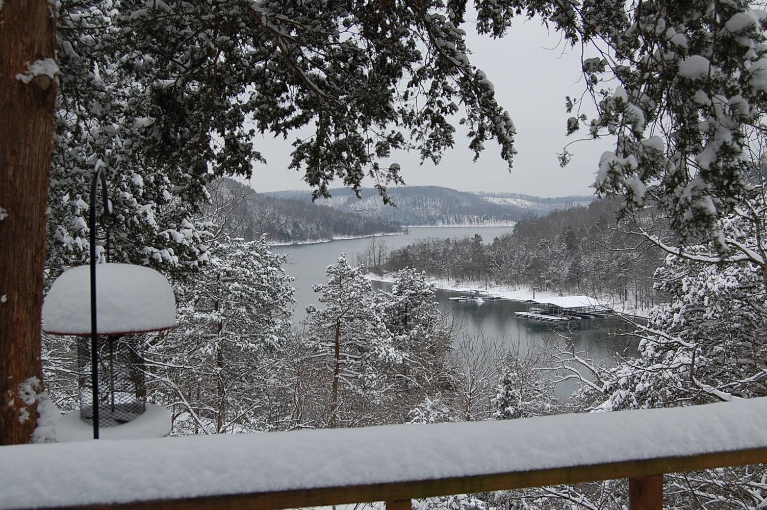 A snowy view of a lake surrounded by trees