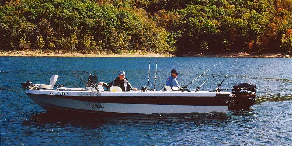 Two men are fishing in a boat that says mercury on the side