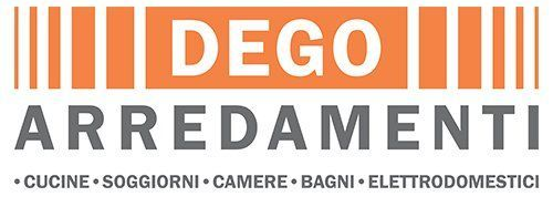 Logo DEGO ARREDAMENTI in arancione e grigio con le categorie di prodotto elencate di seguito