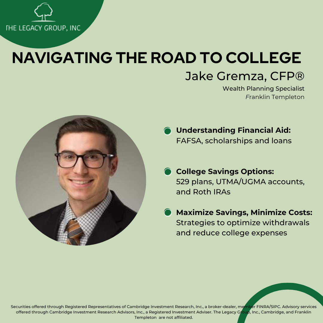 An infographic on navigating college. It features Jake Gremza and discusses financial aid, savings options, and cost strategies.