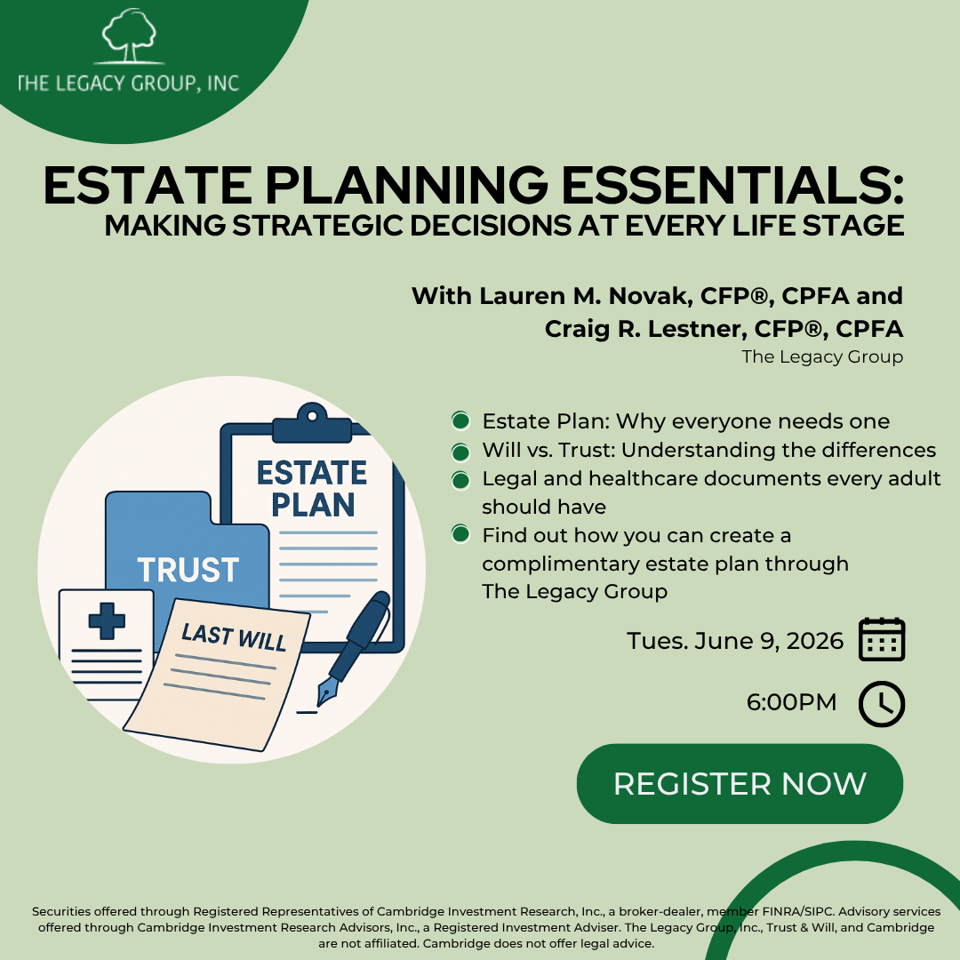 Estate planning webinar flyer with green accents, trust and last will icons, and a “Register Now” button