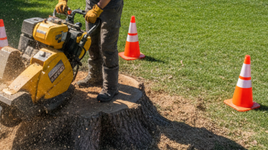 Arborist grinding stump in front yard