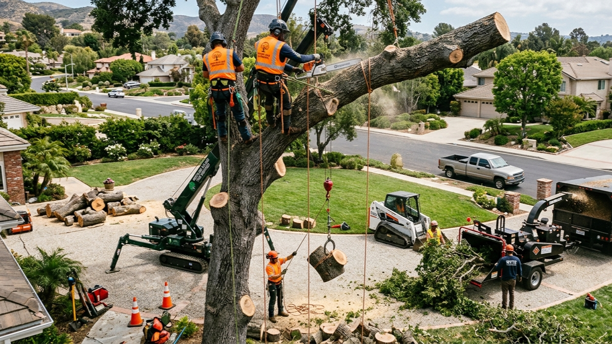 Arborist grinding stump in front yard