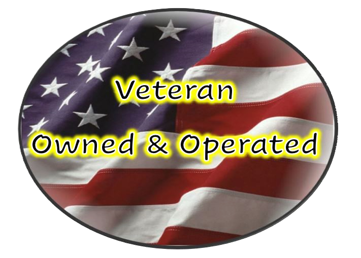 A veteran owned and operated logo with an american flag