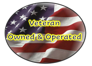 A veteran owned and operated logo with an american flag