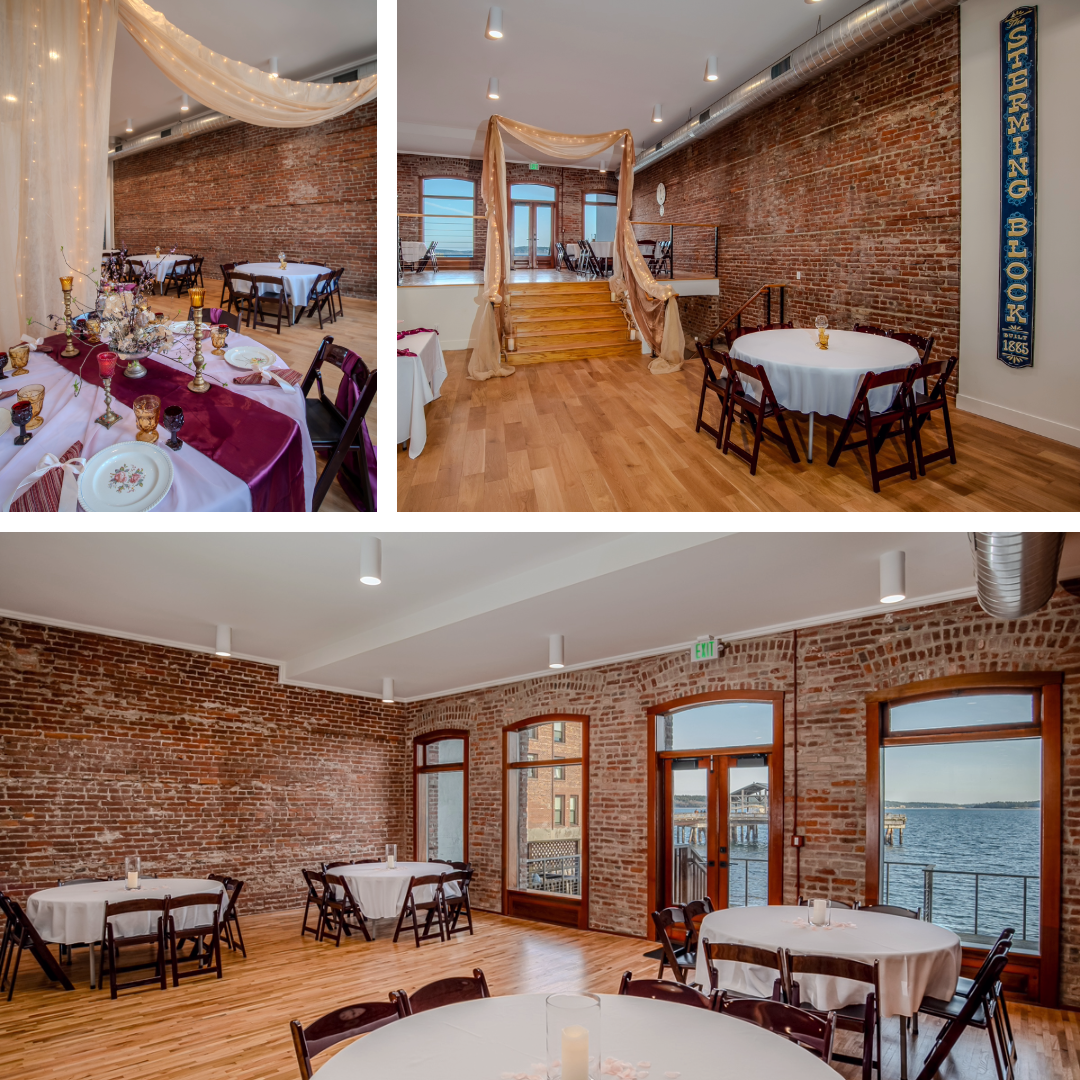 A collage of four pictures of a room with tables and chairs. As an event space, The Waterfront at Sterming Place can accommodate up to 180 people for a stand-up reception and 100+ people seated at roundtables.