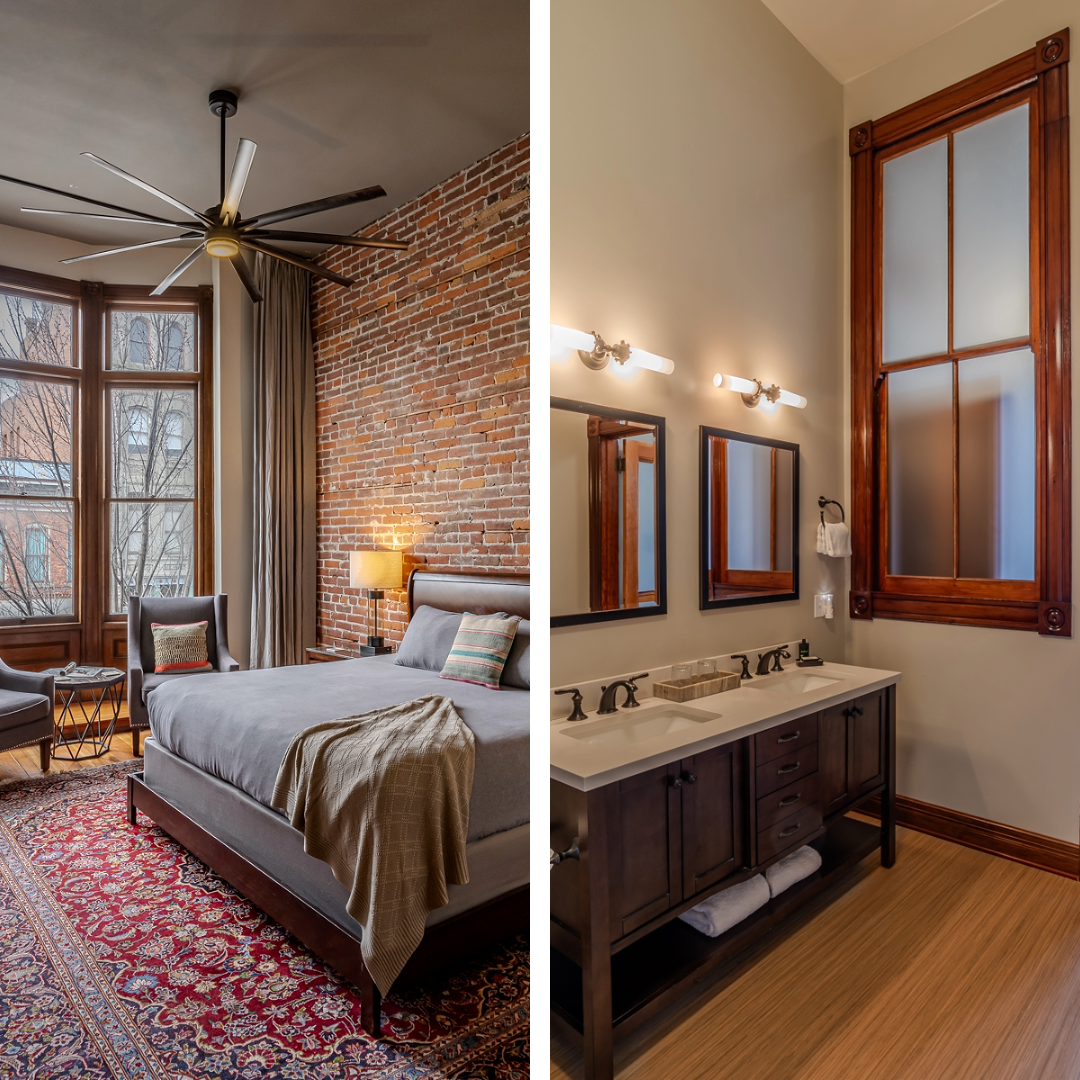 A bedroom with a bed and a bathroom with a sink. Historic town view with bay window overlooking Water Street. King bed and private bath with shower/tub.