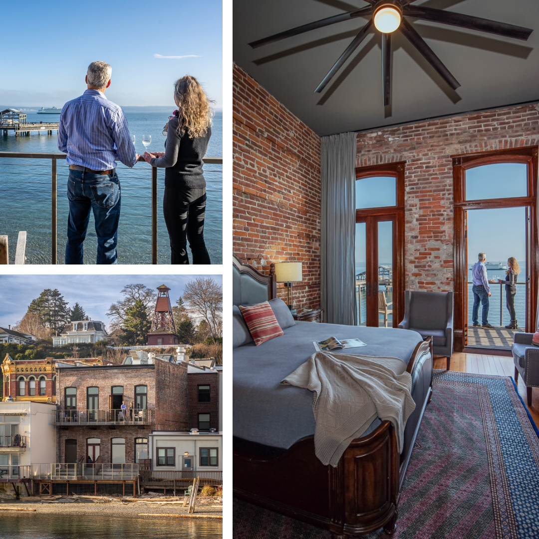 A man and a woman are standing on a balcony overlooking a body of water. Water side with view of the bay. Outdoor Balcony. King Bed on the main floor and a Queen Bed in the loft. Private bath with shower/tub.
