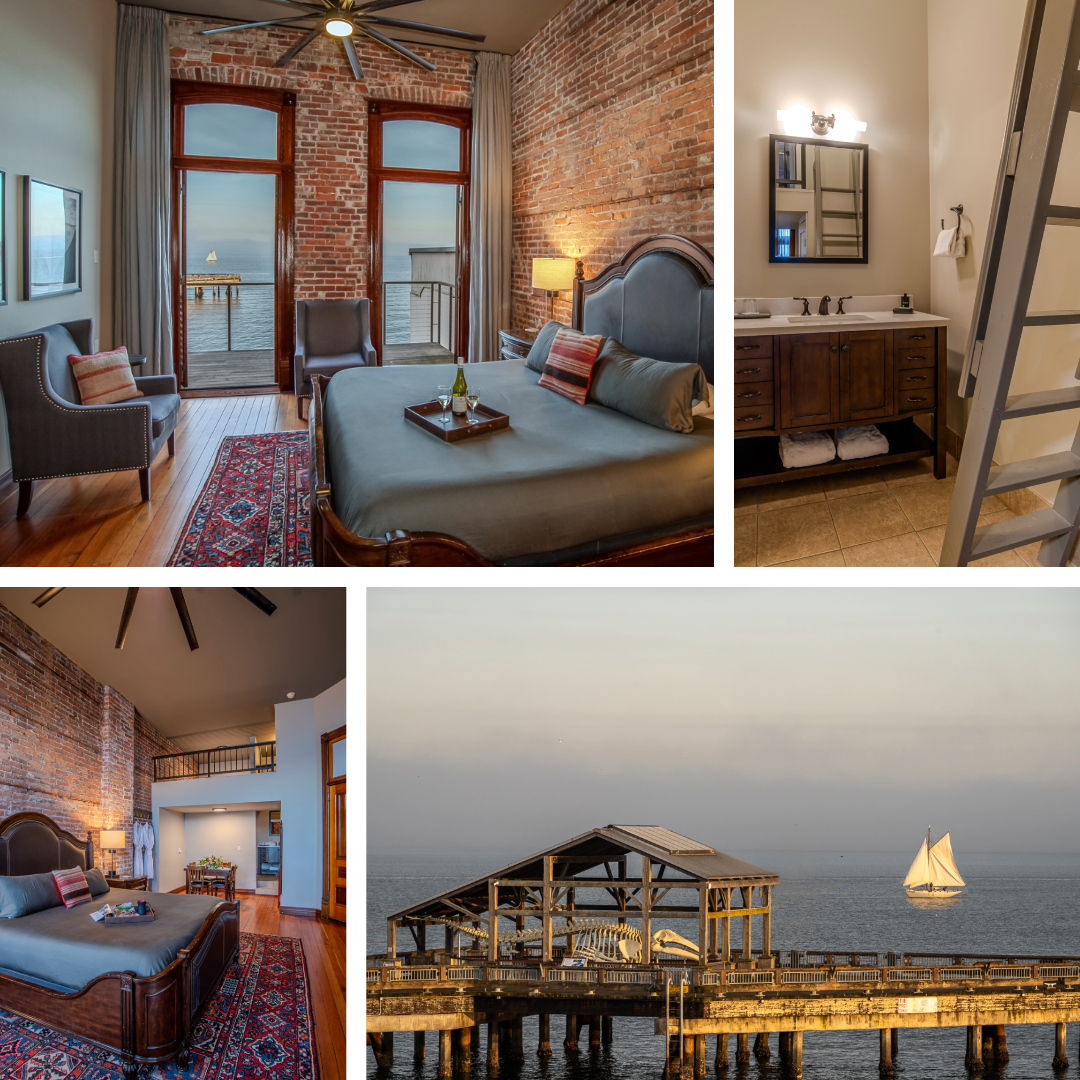 A collage of photos shows a bedroom a bathroom and a pier