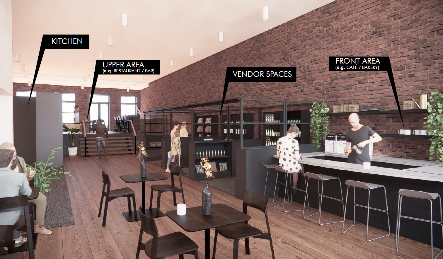 An artist 's impression of a restaurant with tables and chairs.