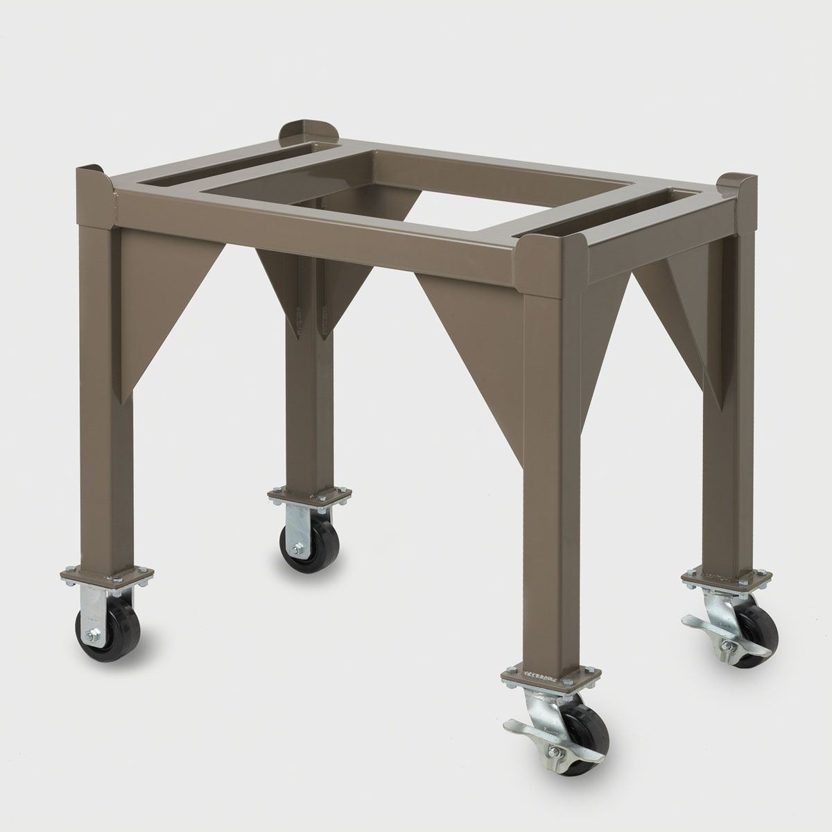 Tan metal stand with large wheel casters