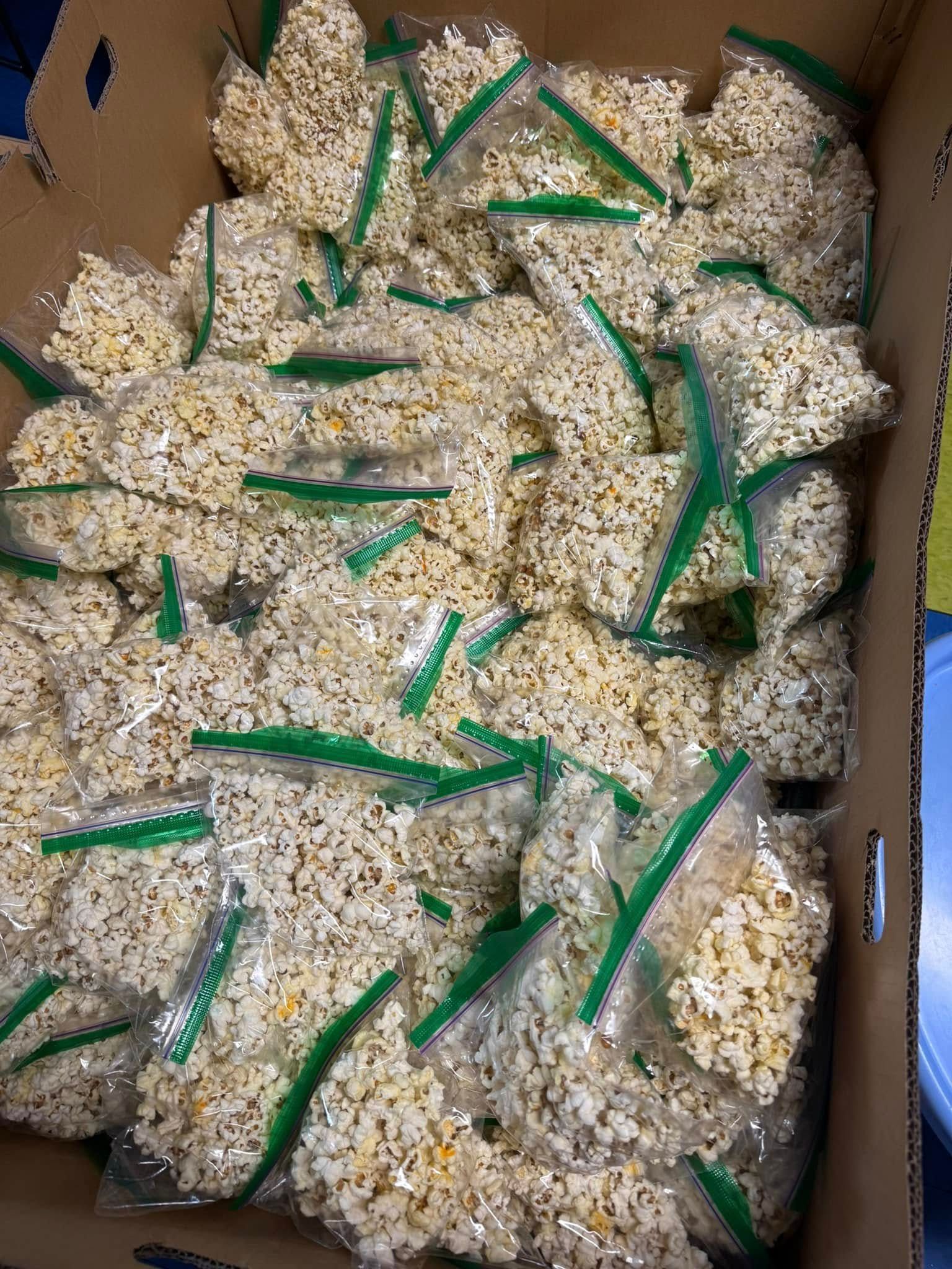 A cardboard box filled with numerous individual plastic bags of popcorn, sealed with green zippers.
