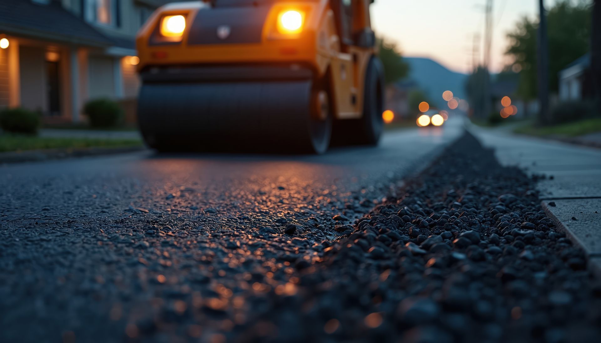 A yellow asphalt roller used by a paving contractor to level new street pavement at twilight. A yellow asphalt roller used by a paving contractor to level new street pavement at twilight.