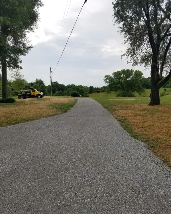 Gravel driveway leading to a treeline; yellow truck and utility pole on the left, trees on the right and in the distance.