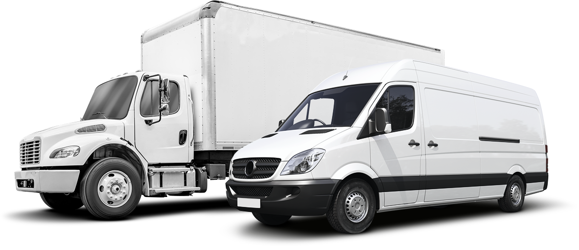 White delivery truck and van on a white background. | El Cajon Tire Pros