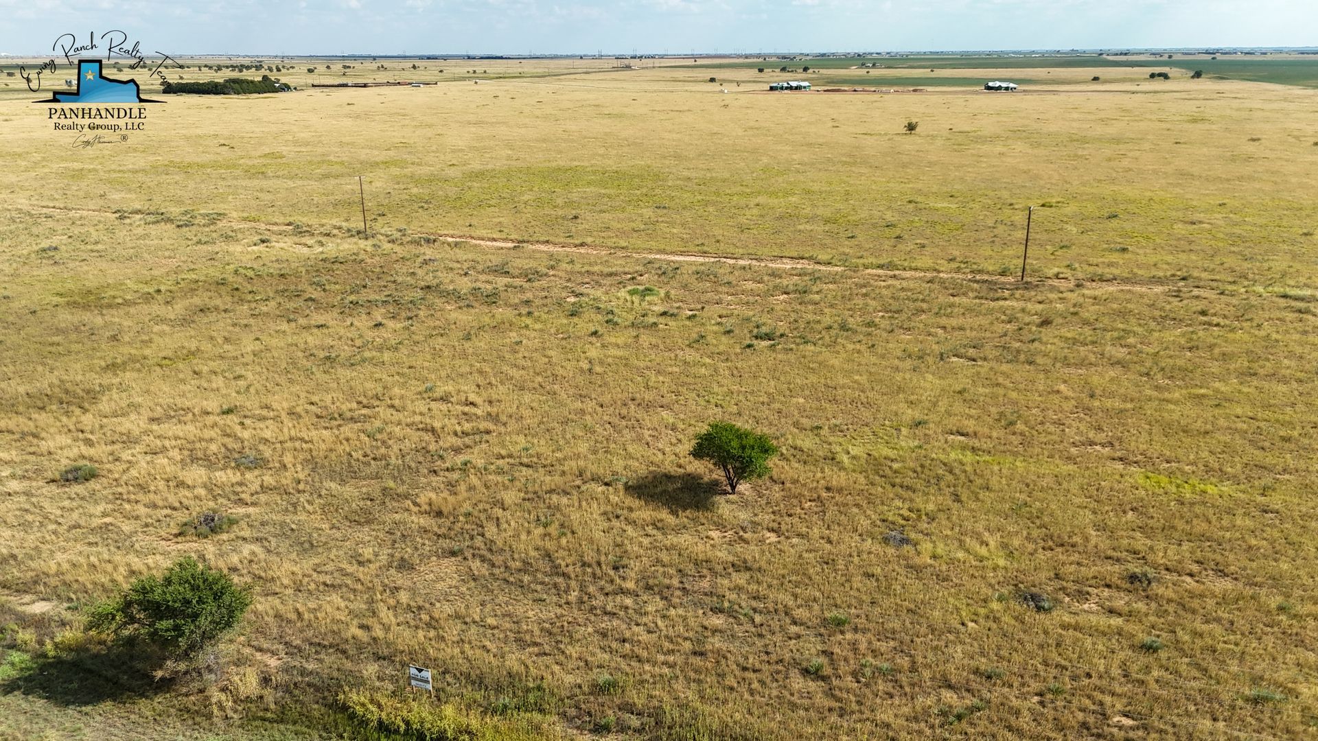 Expansive field of dry grass with scattered trees, blue structure in distance under partly cloudy sky.
