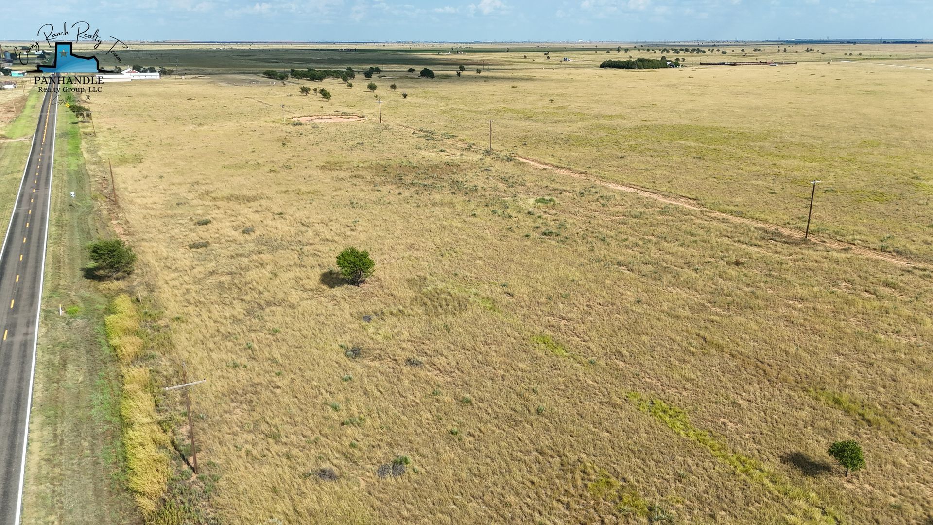 Open field with road on the left, sparsely populated with trees and utility poles. Blue sky.