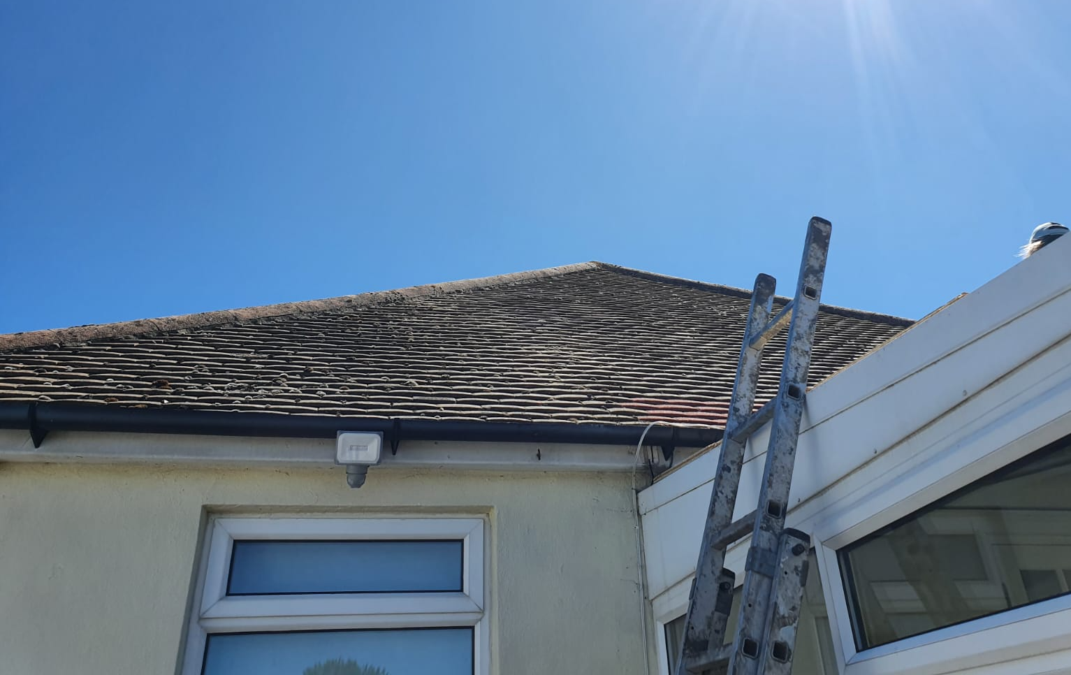 a ladder is sitting on the side of a house next to a roof .