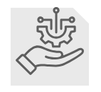 Hand holding a gear with circuit-like lines and dots above it, suggesting technology solutions.