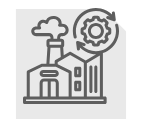 Factory with smokestack and gear icon, symbolizing manufacturing and industrial processes.