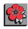 Red flower with gray petals and center, on a gray square with black shadow.