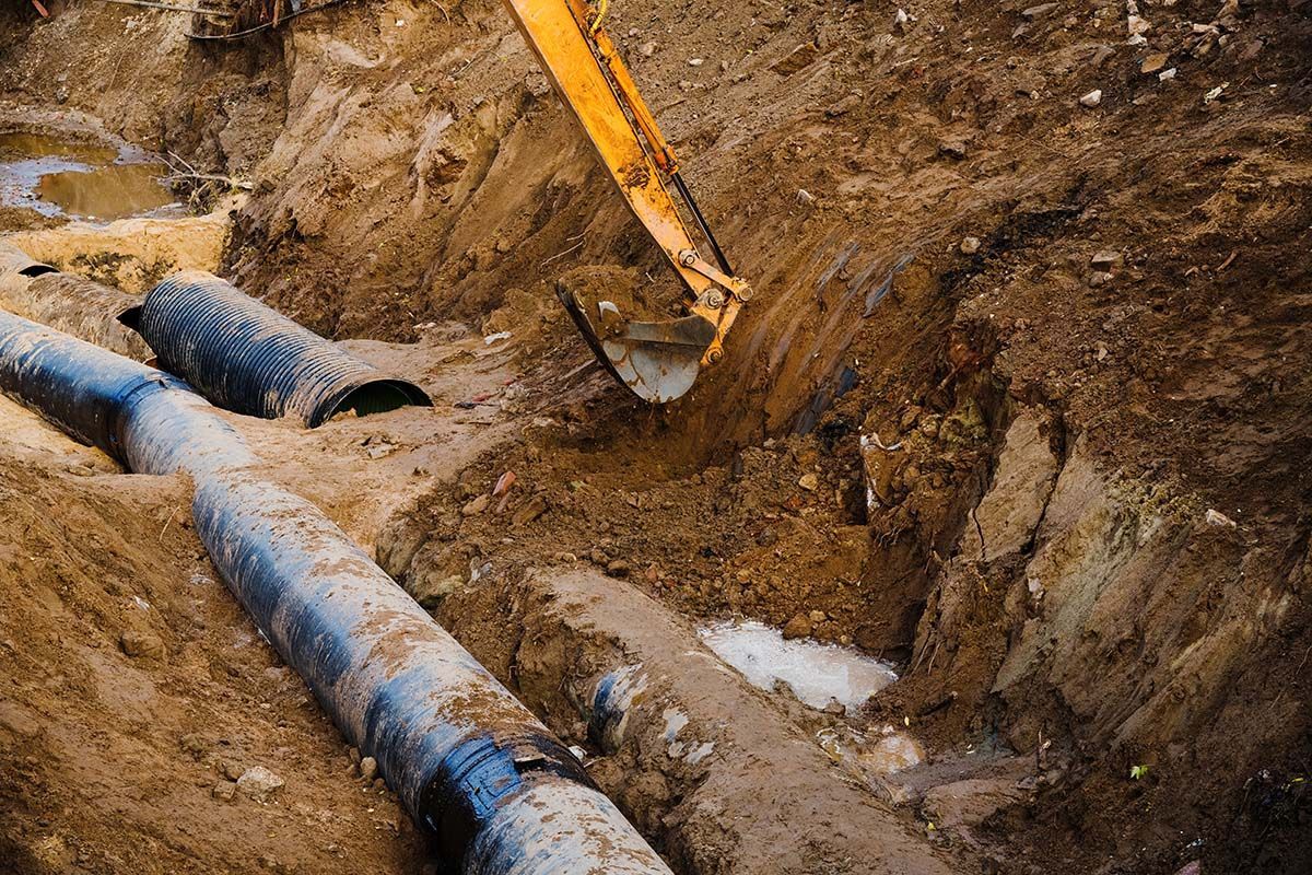 Excavator digging in an open trench, exposing large pipes.