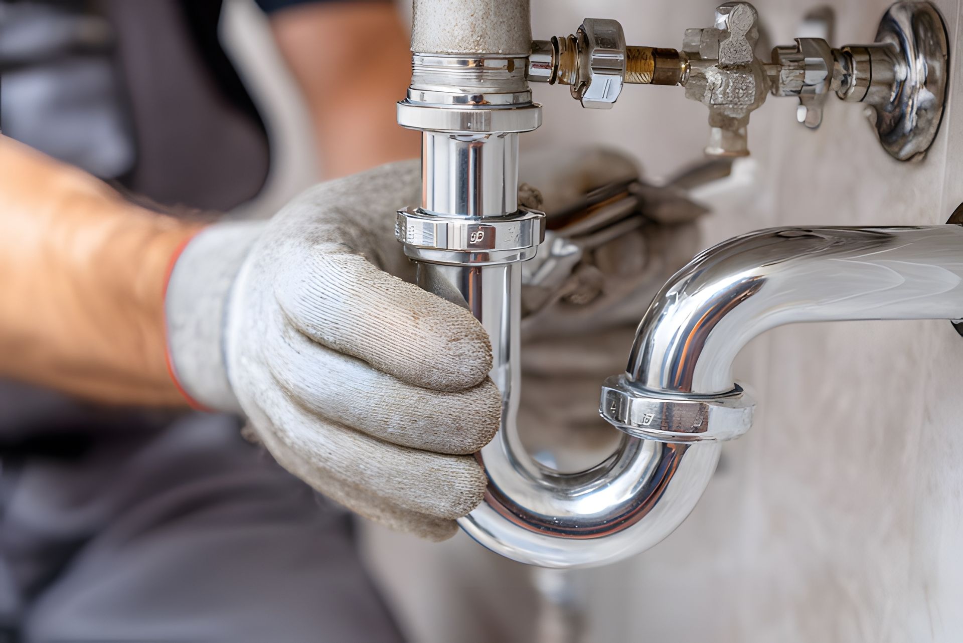 Plumber in gloves working on plumbing under a sink with a wrench. Silver pipes and fittings.