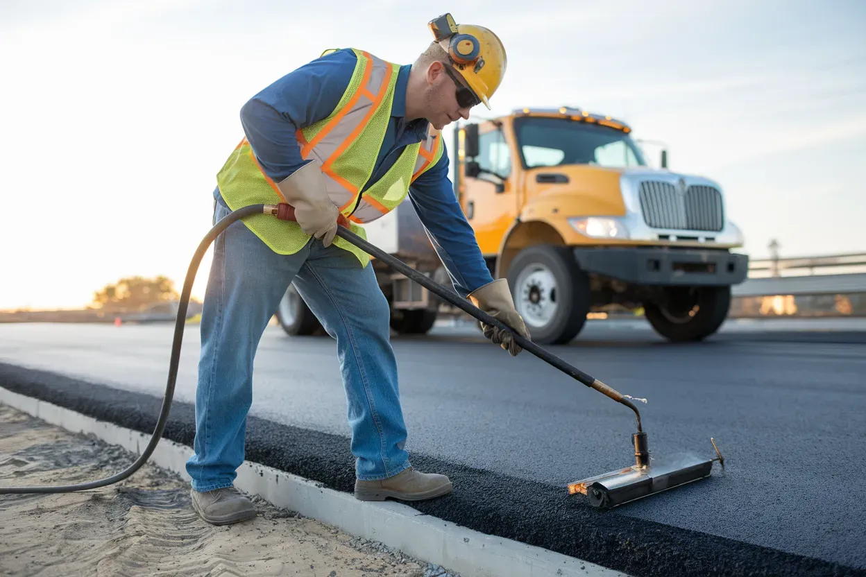 A construction worker is working on a road with a truck in the background.