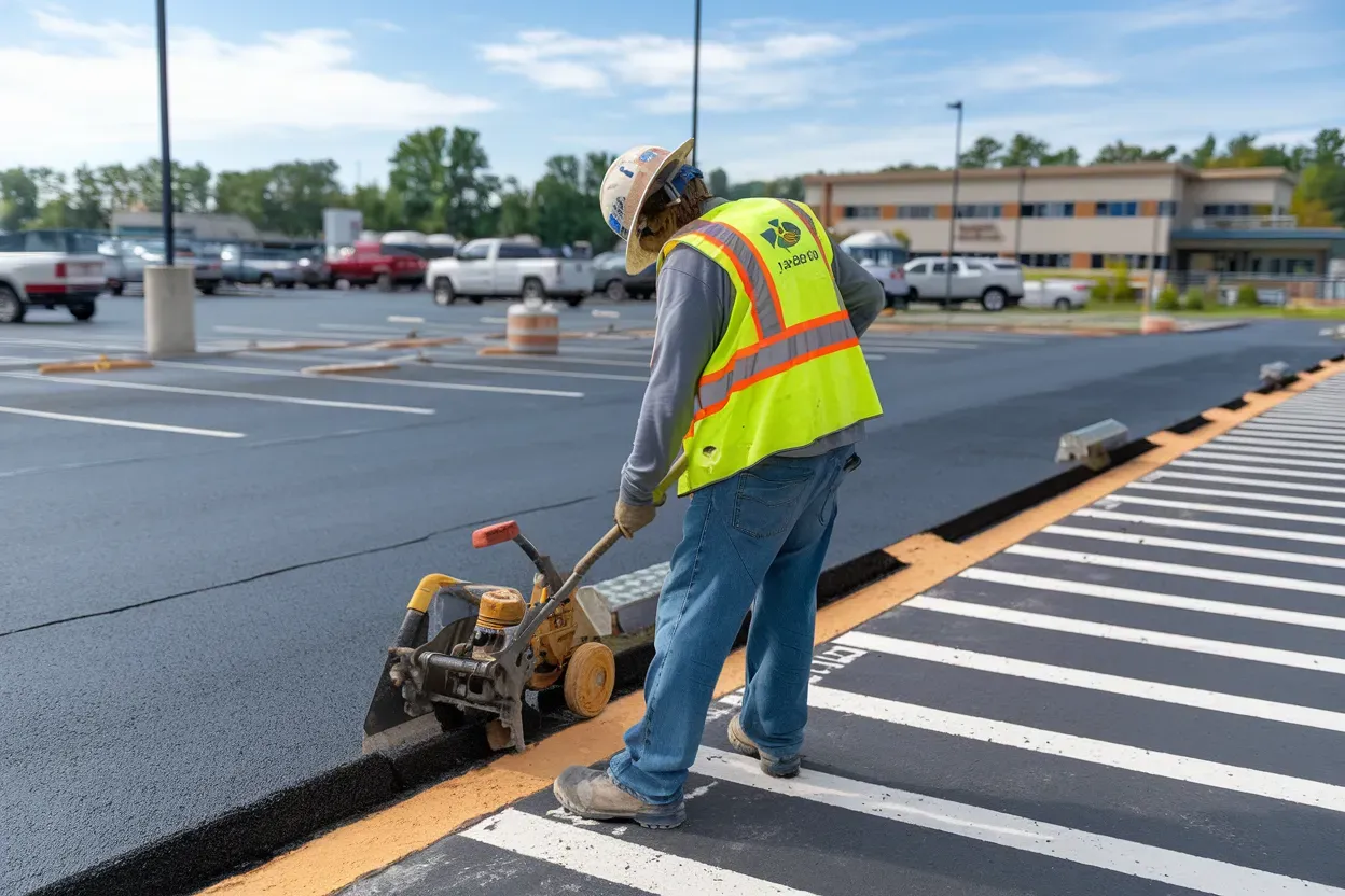 A construction worker is working on a parking lot.