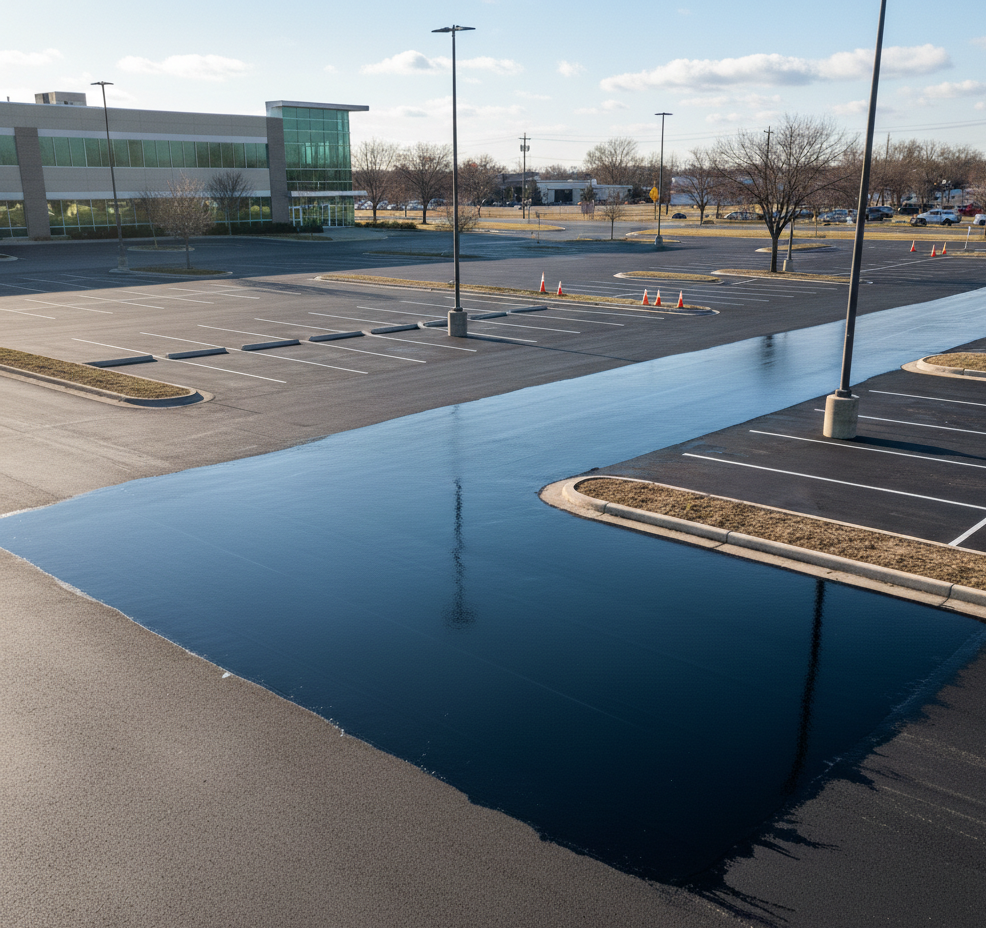 Yellow striped pavement markings on asphalt, likely a crosswalk or caution area.