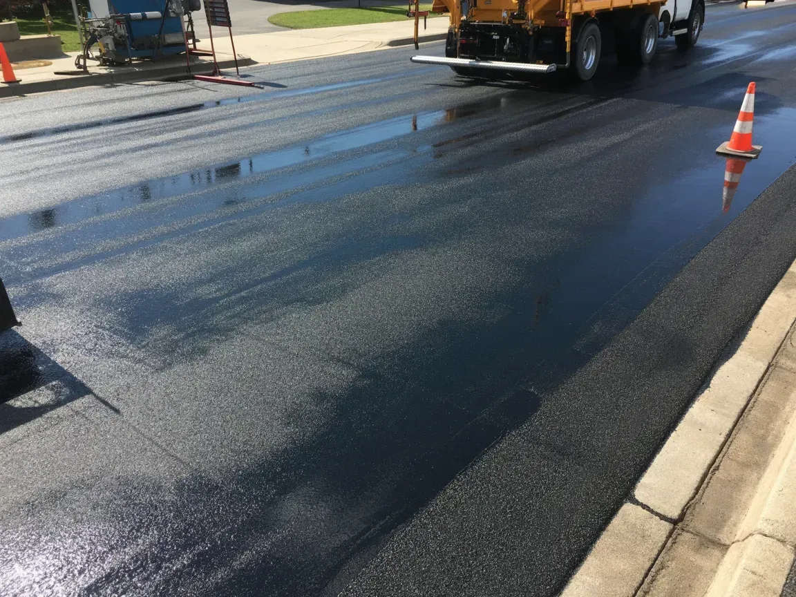 A construction worker is working on a parking lot.