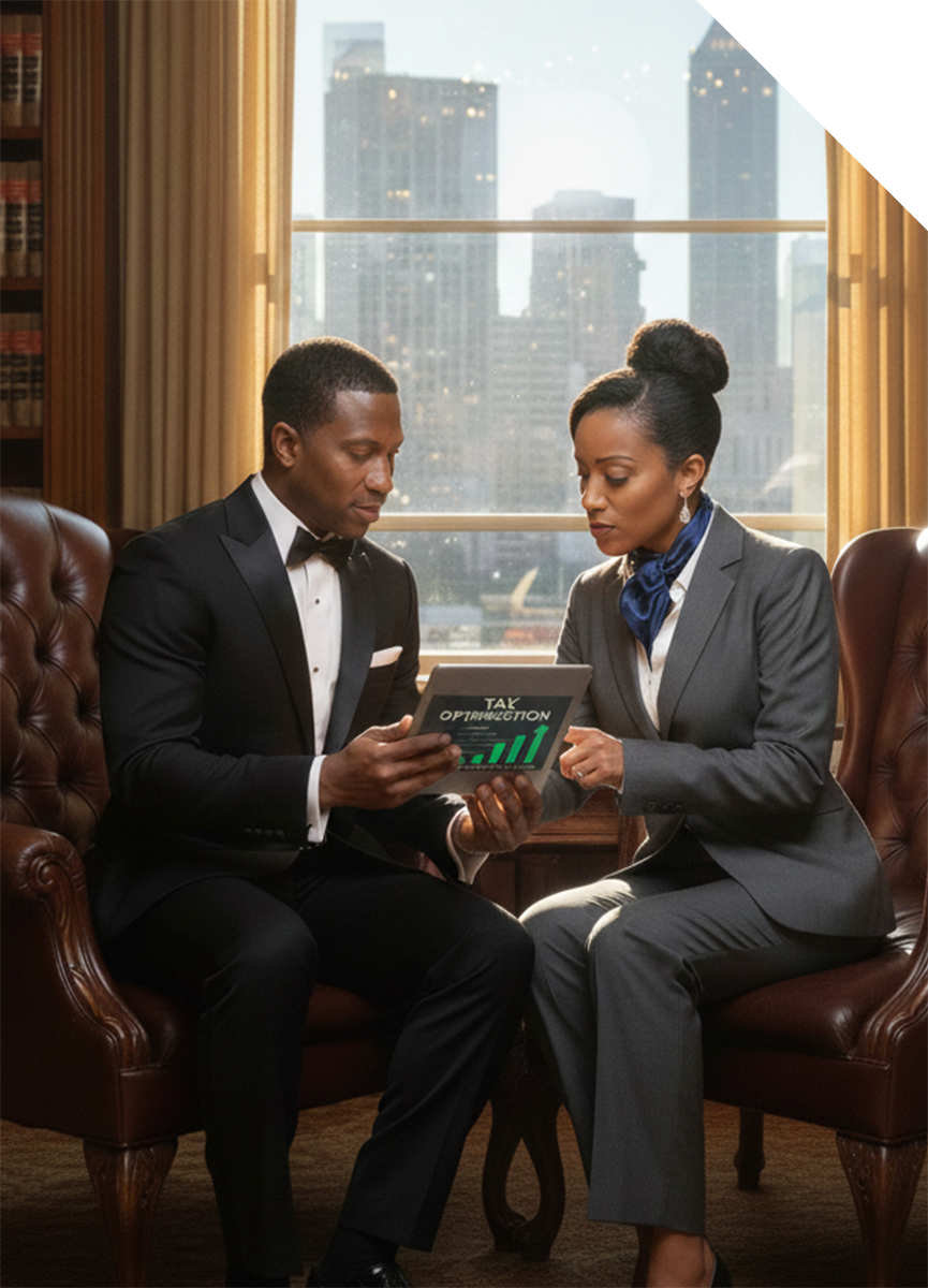 Two men in suits, one pointing at a clipboard, discussing in an office setting.