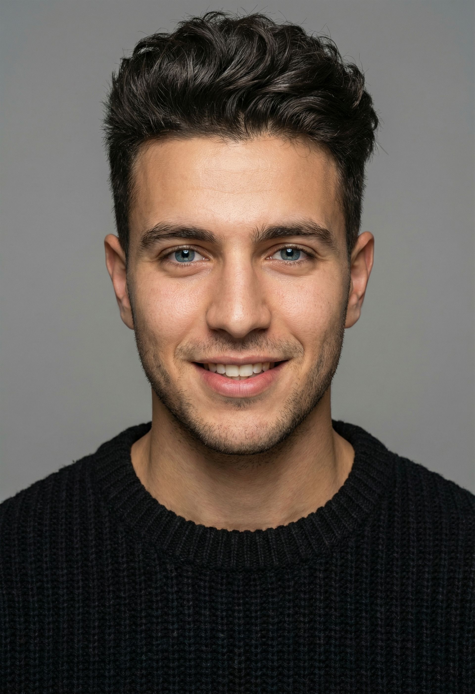 Man with dark hair and blue eyes smiling, wearing a black sweater, against a gray background.