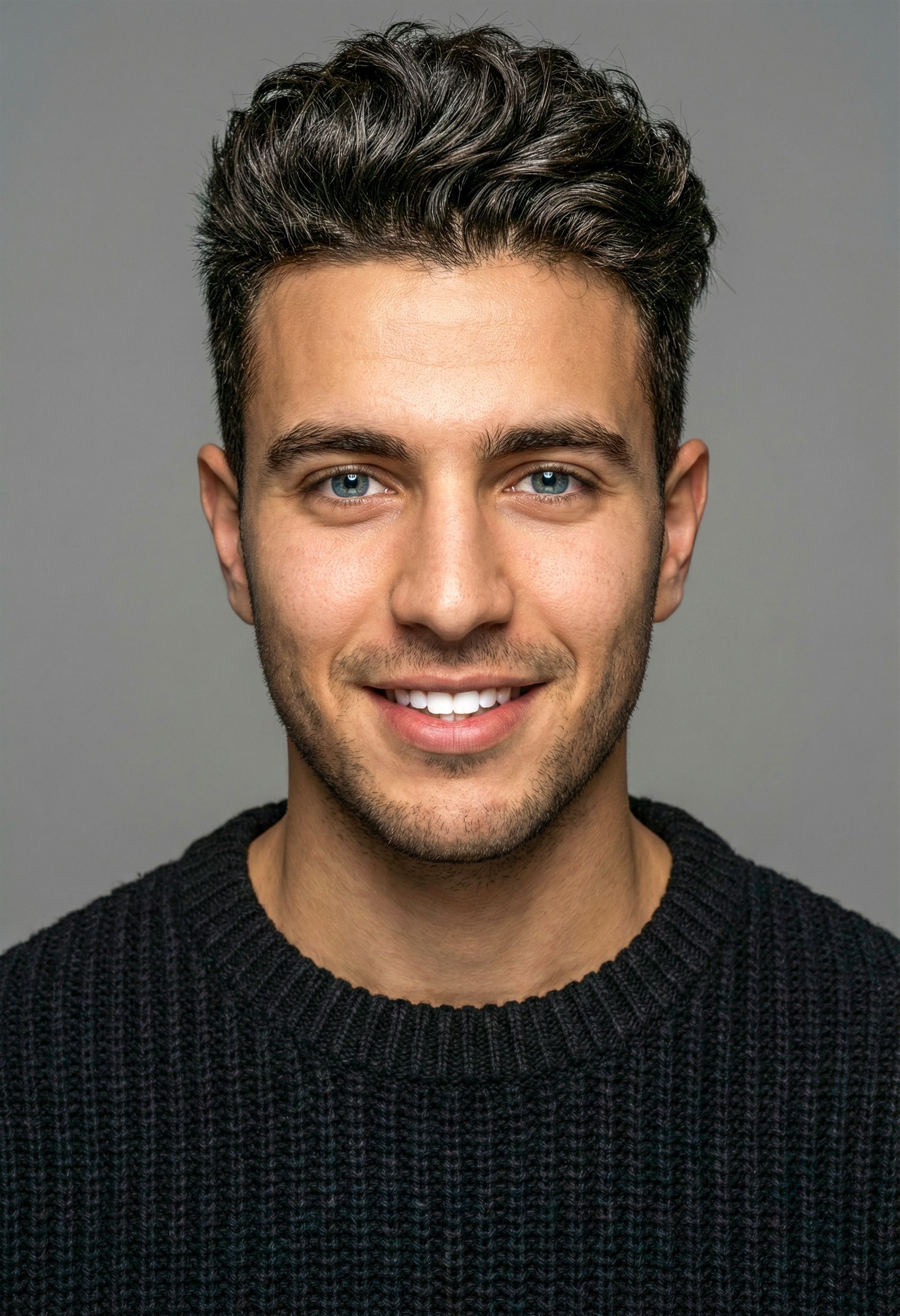 Man with dark curly hair and blue eyes smiles, wearing a black sweater against a gray background.