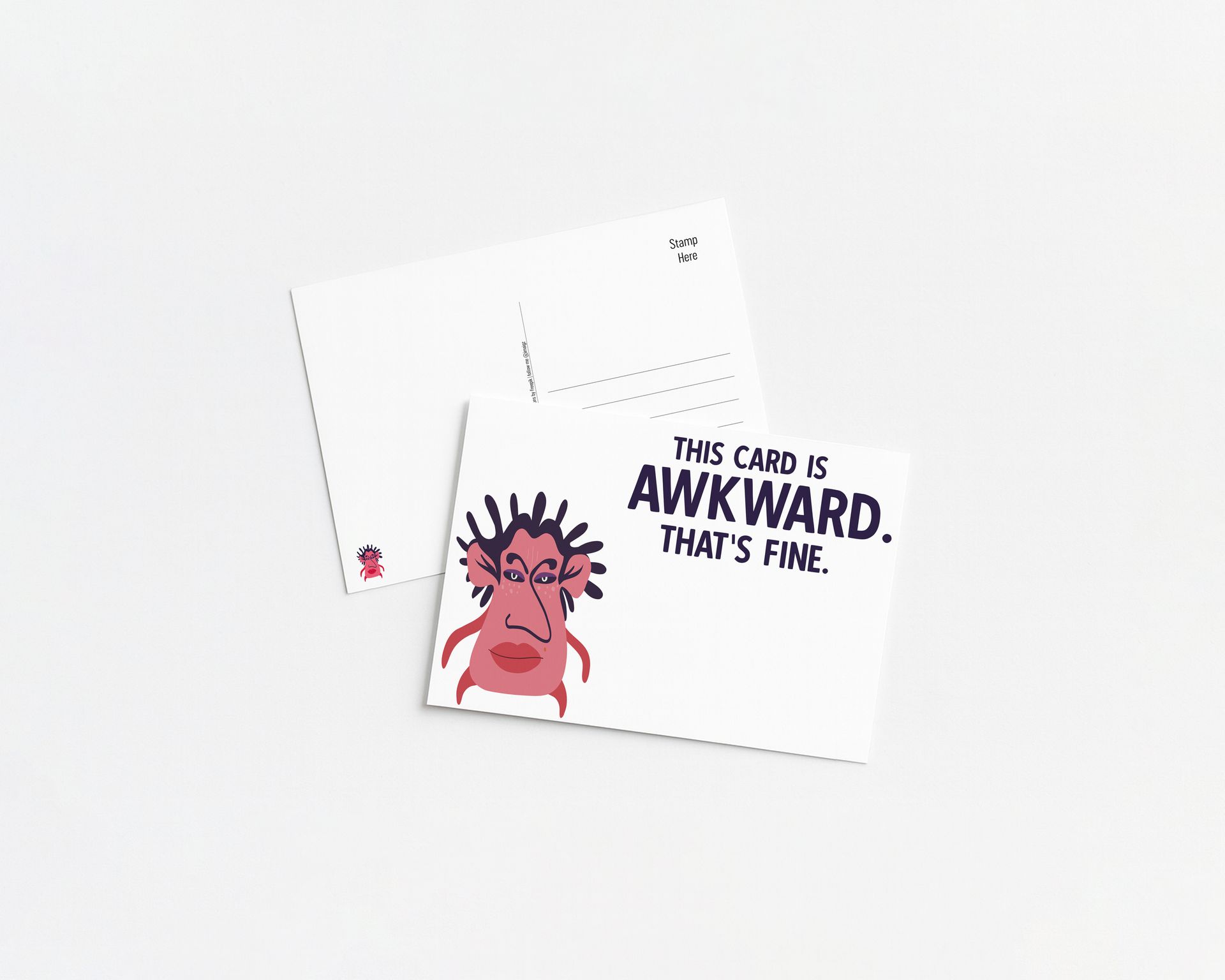 White card with purple text: