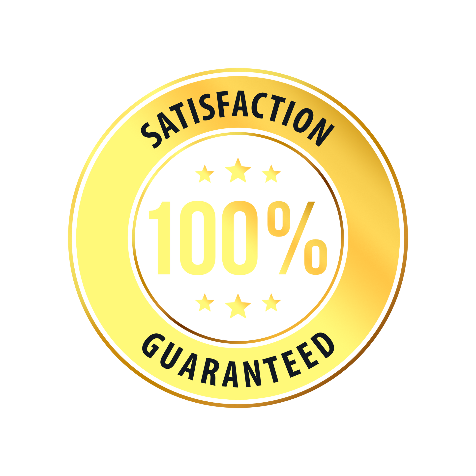 a gold satisfaction guaranteed badge with a white background