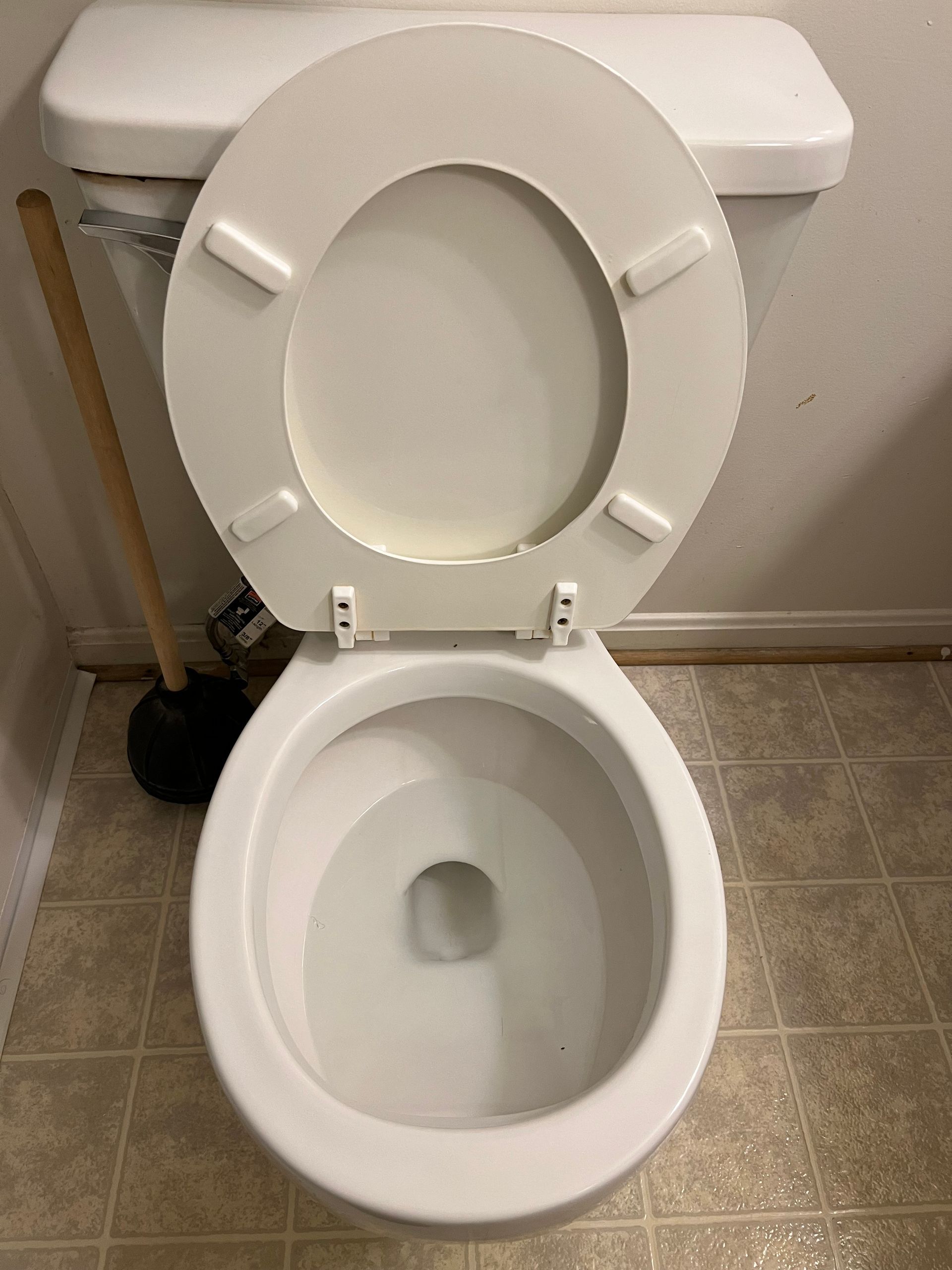 a white toilet with the lid up in a bathroom next to a plunger .
