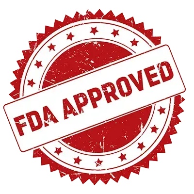 A red and white stamp that says fda approved