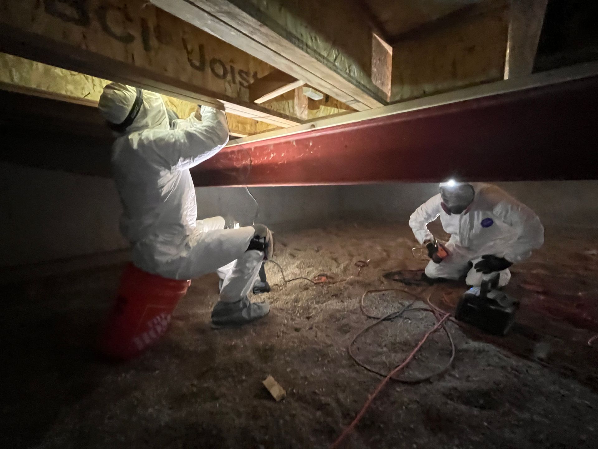 Two men in protective suits are working under a building.