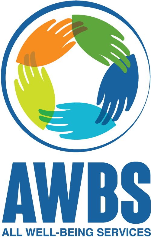 AWBS logo with blue text and multicolor hands in a circle above “ALL WELL BEING SERVICES”