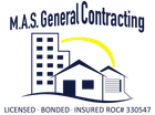 Logo for M.A.S. General Contracting featuring buildings, houses, and the text "Licensed, Bonded, Insured."