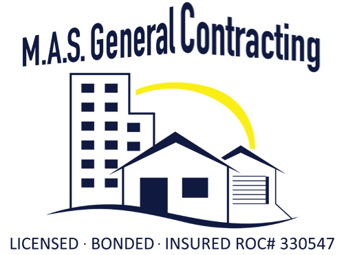 Logo for M.A.S. General Contracting featuring buildings, houses, and the text "Licensed, Bonded, Insured."