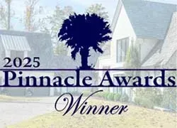 2025 Pinnacle Awards Winner logo over a house illustration with a navy palm tree